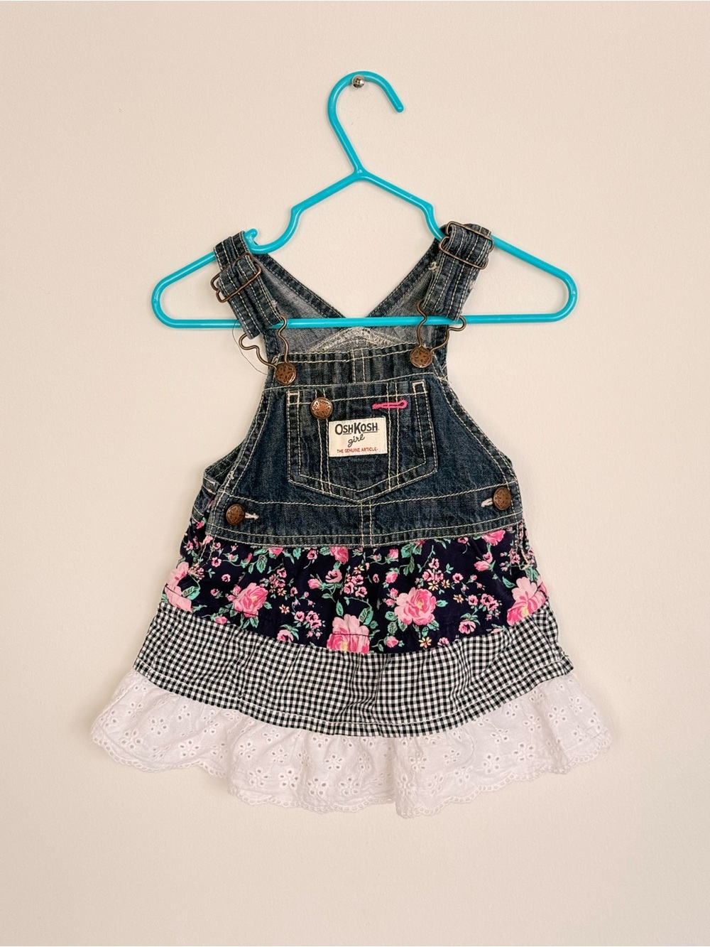 ✨3‎ for $15 OshKosh Floral Denim Overalls Dress - Pink Floral